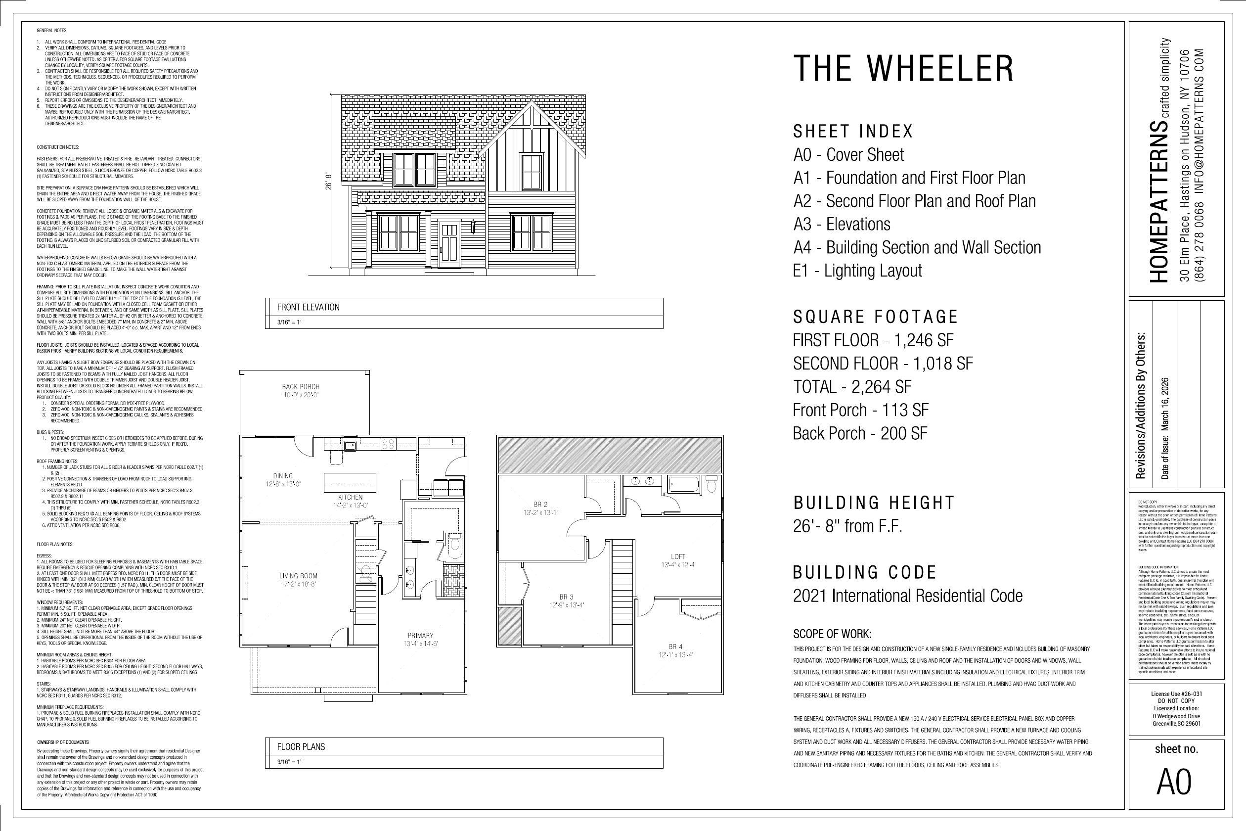 Floor plan and front elevation for 206 Wedgewood Drive