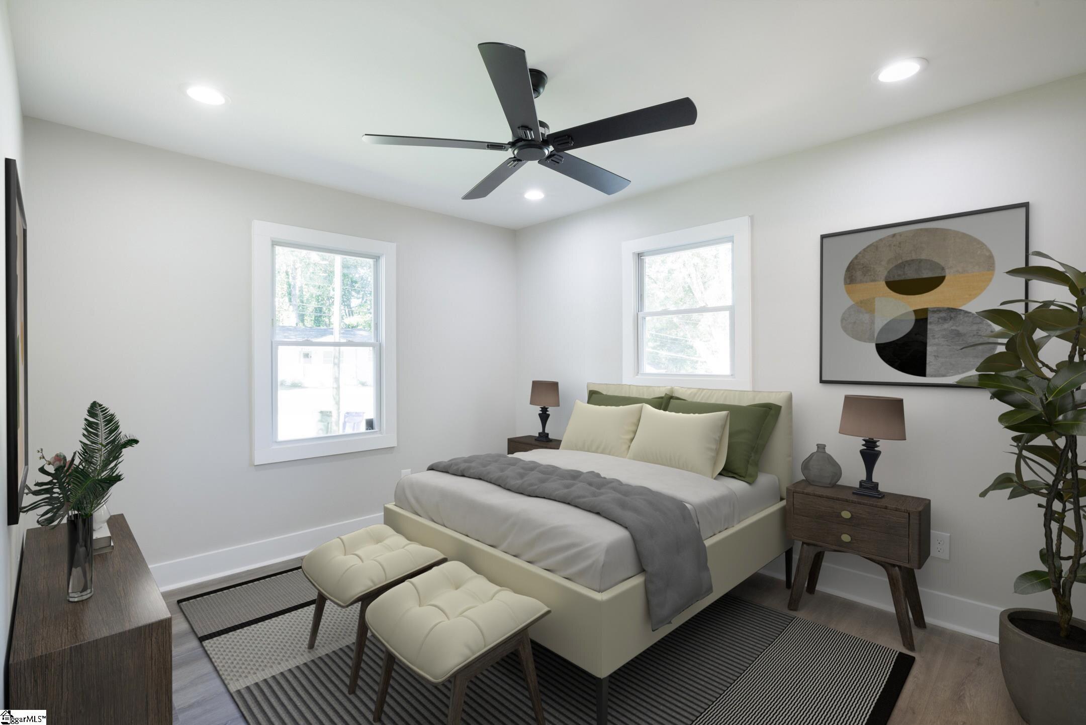 Virtually staged primary bedroom at 229 Alameda Street